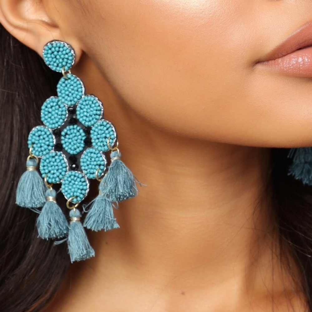 Teal Beaded Tassel Earrings